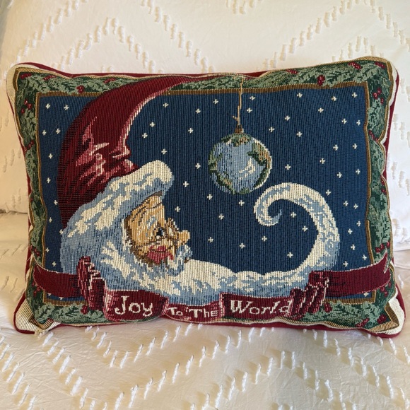 Tapestry Christmas Decorative Throw Pillow Santa Moon Joy To The World 12”x17” - Picture 1 of 8